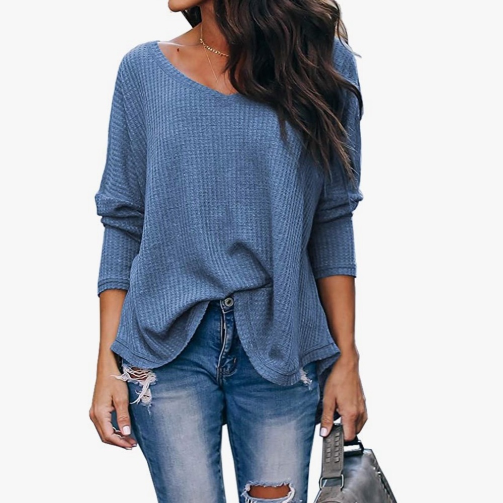Women's Casual Blue V-Neck Off-Shoulder Batwing Sleeve